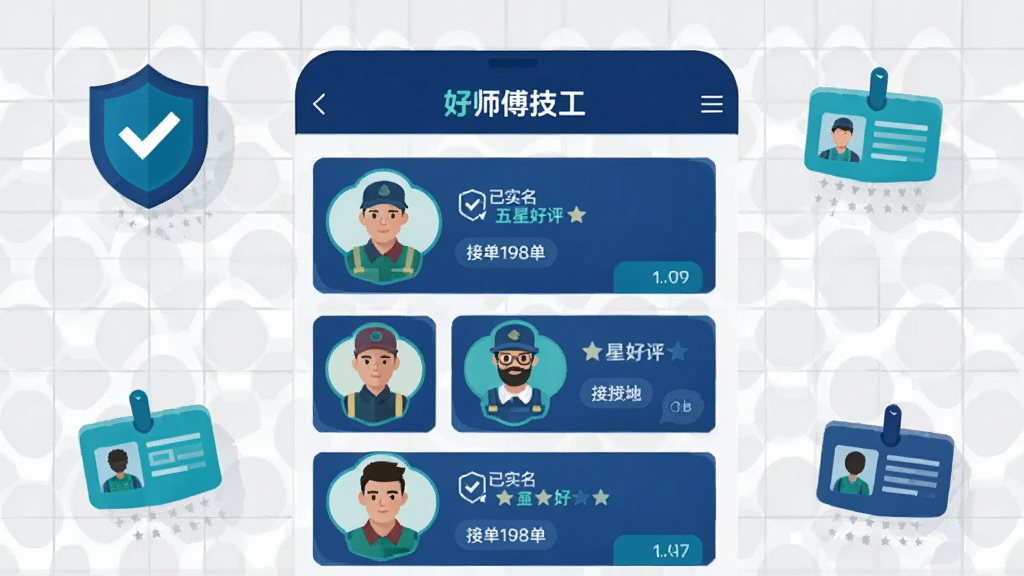 画面中心为“好师傅技工”APP的师傅列表页面截图风格插画,页面展示五位不同工种师傅的头像卡片,每张卡片带有“已实名”“五星好评”“接单198单”等标签,背景为浅灰色网格纹理,四周漂浮盾牌、对勾、身份证图标象征安全认证,整体采用现代扁平矢量风格,主色调为深蓝与青绿,排版整齐,画质干净,无多余装饰元素