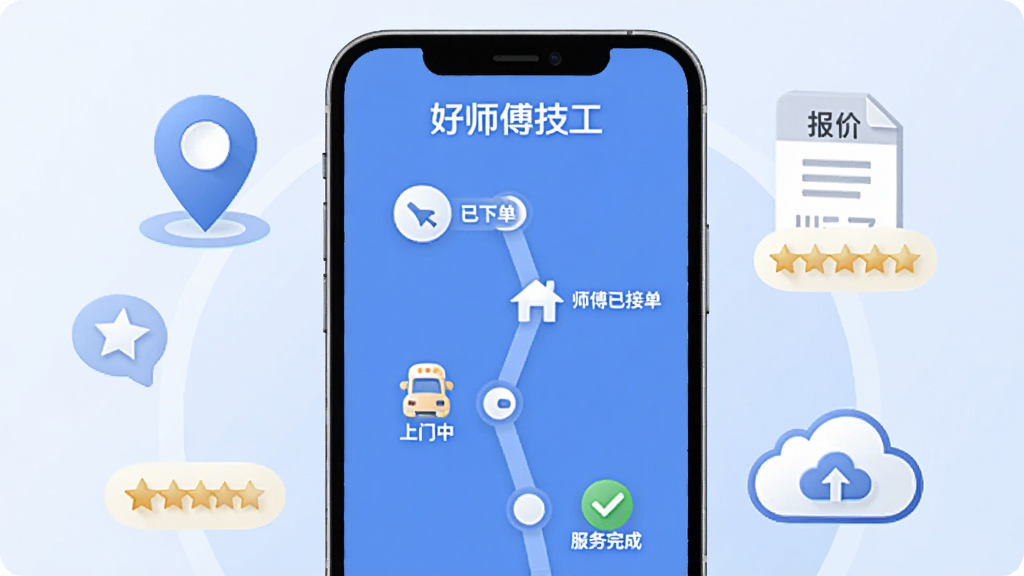 画面以手机屏幕为中心,屏幕内显示“好师傅技工”订单跟踪时间轴,节点包括“已下单”“师傅已接单”“上门中”“服务完成”,屏幕外环绕定位气泡、报价单图标、五星评价图标与云端存储符号,背景为淡蓝色渐变,整体采用简洁商务插画风格,线条流畅,画质高清,无多余元素