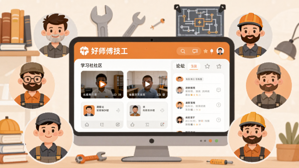 画面描绘一个线上技工社区场景,多位不同工种师傅的卡通头像围绕一个中央屏幕,屏幕显示“好师傅技工”学习社区界面,包含视频课程卡片与论坛帖子列表,背景有书籍、扳手、电路图等元素,整体采用温暖橙色与浅灰搭配的扁平风格,画质柔和,排版错落有致,无多余杂乱内容