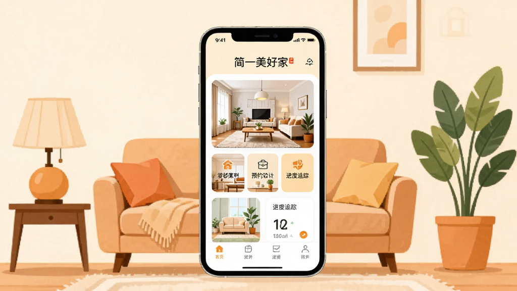 画面中央是一部智能手机,屏幕显示“简一美好家”APP首页界面,界面包含装修案例、预约设计、进度追踪等功能模块。手机周围环绕着沙发、台灯、绿植等家居元素,采用扁平化插画风格,整体色调温暖明亮,布局简洁有序,画质清晰干净,无多余装饰元素。