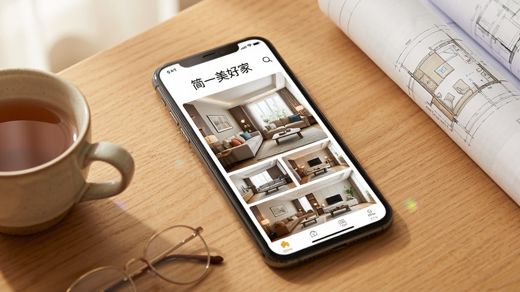 手机屏幕展示“简一美好家”全屋定制方案页面,页面中有多张不同风格的客厅装修效果图,画面采用柔和的家居实景风格,手机放在木质桌面上,旁边有茶杯和设计图纸,整体光线温暖,画质细腻,干净整洁,无杂乱元素。