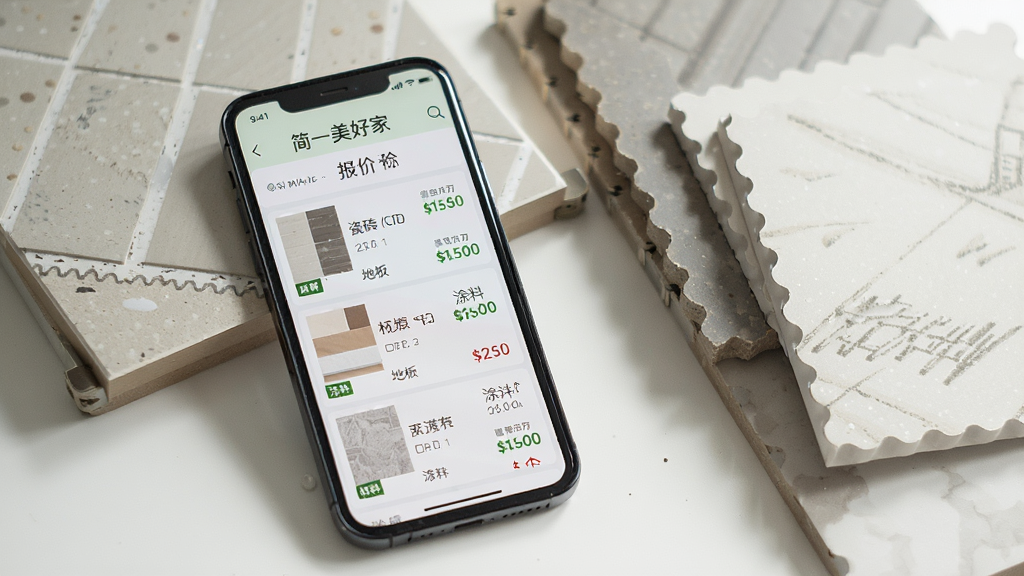 手机屏幕展示“简一美好家”材料报价页面,页面中有瓷砖、地板、涂料等材料列表和价格标签,手机放置在装修材料样品旁,采用清新写实风格,光线自然,画质清晰,布局干净,无多余装饰。