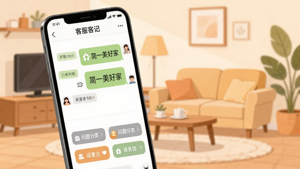 手机屏幕显示“简一美好家”客服对话界面,界面中有聊天气泡和问题分类按钮,背景是温馨的家居环境,采用扁平化插画风格,色调柔和,布局简洁,画质干净,无多余元素。
