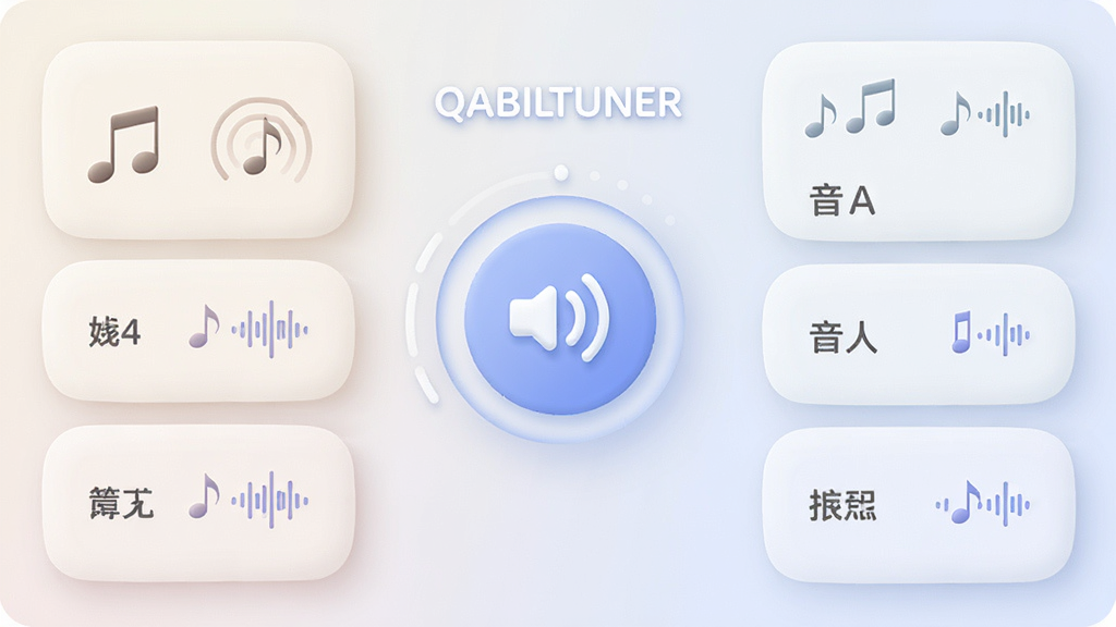 QABILTUNER参考音功能展示图,画面中央为发声按钮与音名列表,布局左右分栏,风格为柔和圆角卡片式设计,细节包含音符符号与声波动画,画质清晰干净无多余元素