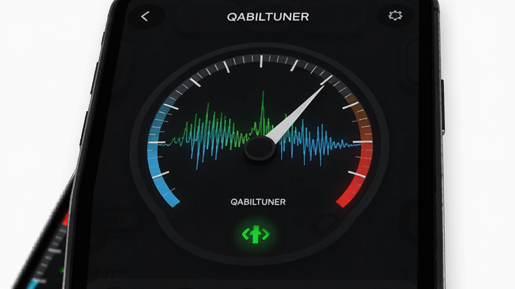 QABILTUNER应用界面特写,画面主体为手机屏幕上的音高识别波形与指针仪表,布局居中,风格为极简科技风,细节包含跳动的声波线条与绿色校准指示灯,画质清晰干净无多余元素