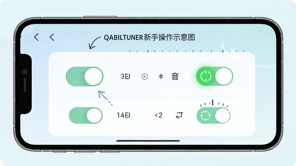 QABILTUNER新手操作示意图,画面主体为手机屏幕显示权限设置与调音指针,布局上下排列,风格为清新浅色教程风,细节包含权限开关与绿色校准标识,画质清晰干净无多余元素