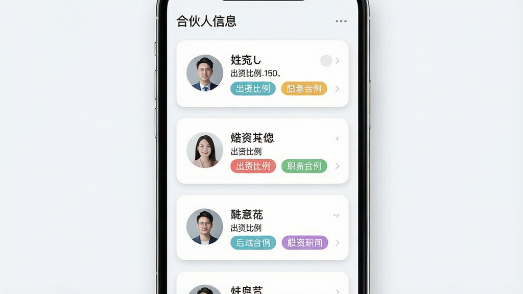 一张展示酷瓜合伙关系管理功能的界面截图风格图片。主体是手机屏幕上的合伙人信息卡片列表,每张卡片显示头像、姓名、出资比例和职责标签。布局采用纵向列表排版,卡片之间间距均匀。风格为清新浅色商务风,细节包括卡片圆角、柔和阴影和彩色标签。画质高清,干净整洁,无多余装饰元素。