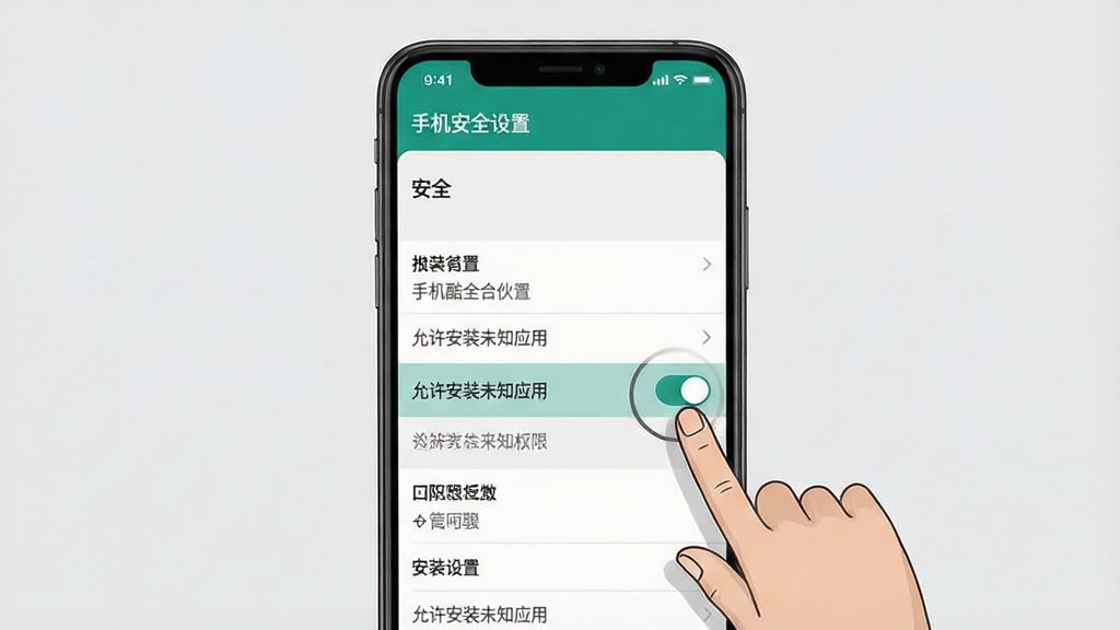 一张展示手机安全设置界面的示意图,用于说明安装酷瓜合伙时如何开启未知来源权限。主体是手机设置菜单中的