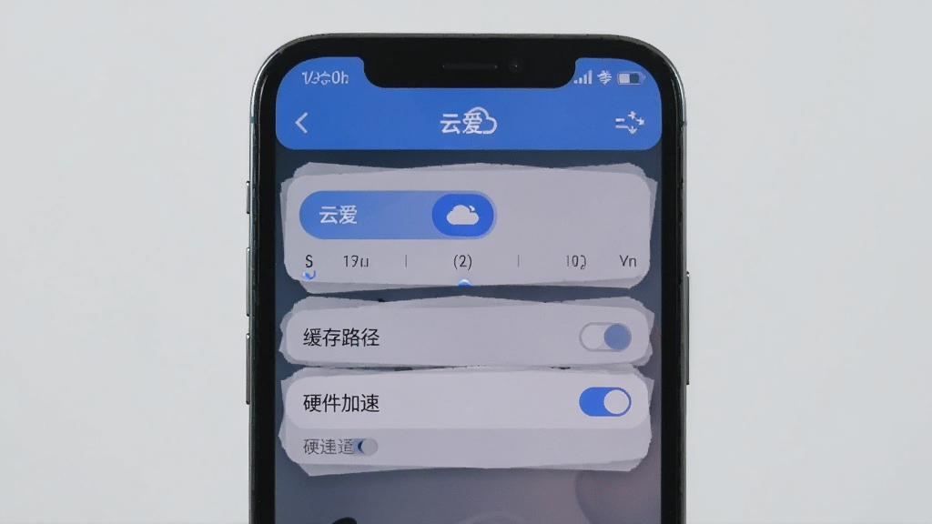 画面主体是手机屏幕显示“云爱”应用的设置界面,包含清晰度选择、缓存路径、硬件加速开关等选项;背景为浅灰色,风格简洁明了,细节清晰,画质干净,无多余元素。