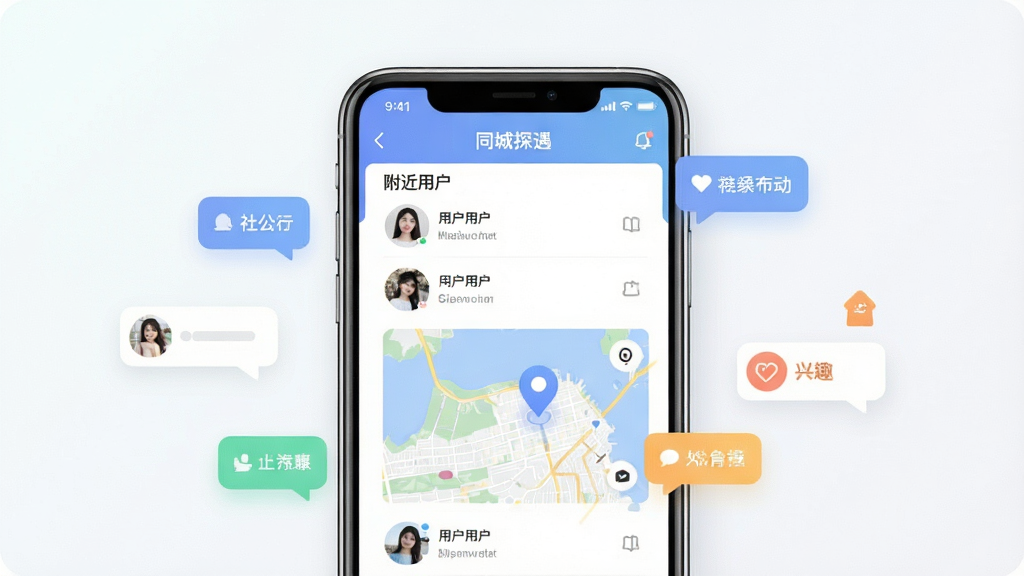 一张展示“同城探遇”软件核心界面的手机样机图,画面中央是手机屏幕,屏幕内显示同城探遇的附近用户列表与地图定位标识,周围环绕着代表社交互动的对话气泡和兴趣标签图标,整体布局为居中构图,风格为现代简约科技风,细节上手机边缘有柔和光影,背景为浅色渐变,画质清晰干净,无多余元素
