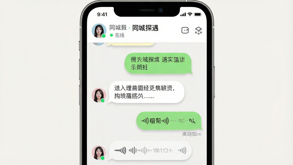 一张展示“同城探遇”聊天界面的手机截图风格图,画面主体是手机屏幕显示聊天对话框,对话框内有文字气泡和语音条,屏幕顶部显示对方头像与在线状态,布局为手机居中,风格为现代社交软件UI风,细节上气泡有圆角与阴影,背景为浅色,画质清晰干净,无多余元素