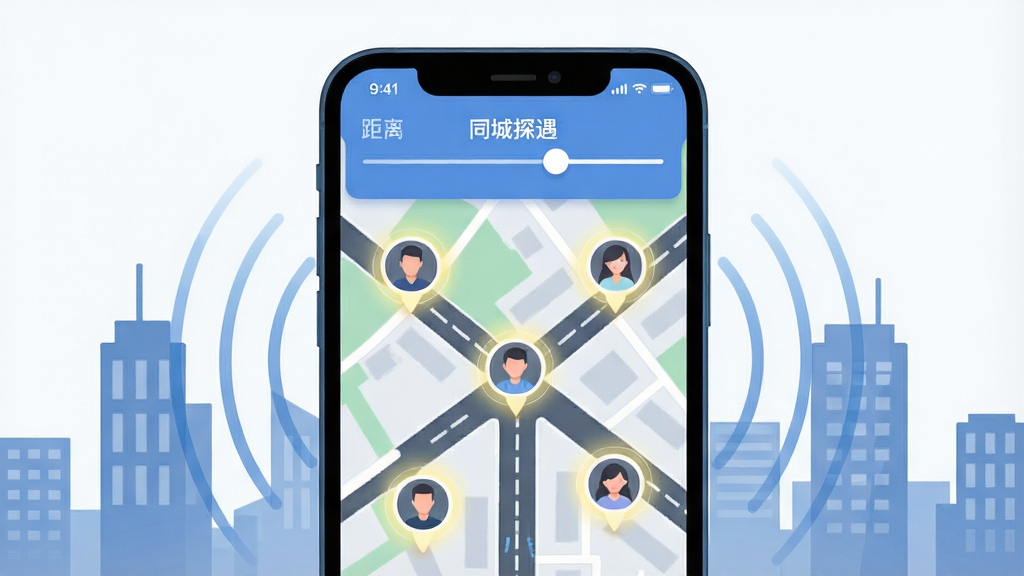 一张展示“同城探遇”智能定位功能的场景图,画面主体是手机屏幕显示地图界面,地图上有多个用户头像标记点,屏幕上方有距离筛选滑块,布局为手机居中,周围有定位波纹和城市建筑剪影,风格为扁平化插画风,细节上地图道路清晰,头像标记有光晕效果,画质干净清晰,无多余元素