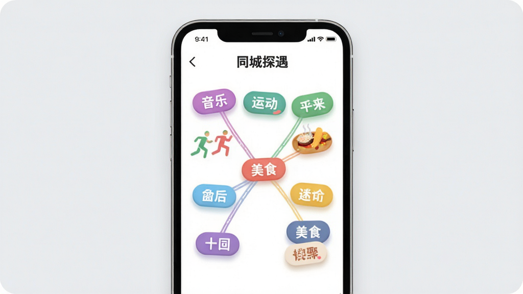 一张展示“同城探遇”兴趣标签匹配功能的界面图,画面中心是手机屏幕,屏幕内呈现多个彩色兴趣标签如音乐、运动、美食等,标签之间有连线表示匹配关系,布局为手机居中,风格为清新活泼的UI风格,细节上标签有圆角设计和微阴影,背景为浅灰色,画质清晰干净,无多余元素