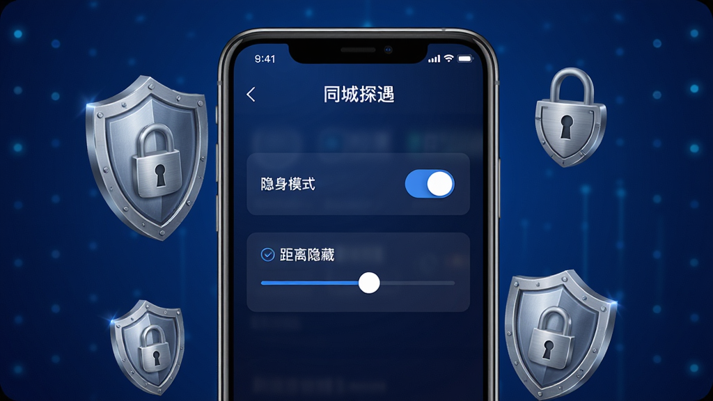 一张展示“同城探遇”隐私安全功能的示意图,画面中心是手机屏幕显示隐私设置页面,有隐身模式开关、距离隐藏滑块等控件,屏幕周围有盾牌与锁形图标环绕,布局为手机居中,风格为安全科技风,细节上盾牌有金属质感,背景为深蓝色渐变,画质清晰干净,无多余元素