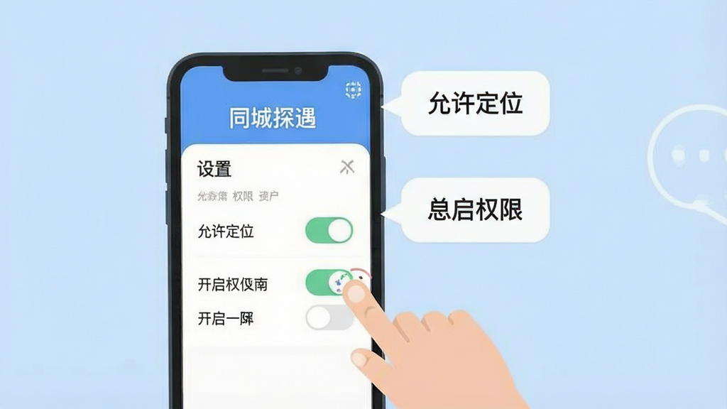 一张展示“同城探遇”新手使用指南的示意图,画面主体是手机屏幕显示设置页面与权限开关,屏幕旁边有手指点击的图标和提示气泡,布局为手机居中偏左,风格为扁平化教程风,细节上气泡内有文字“允许定位”“开启权限”等,背景为浅蓝色,画质清晰干净,无多余元素