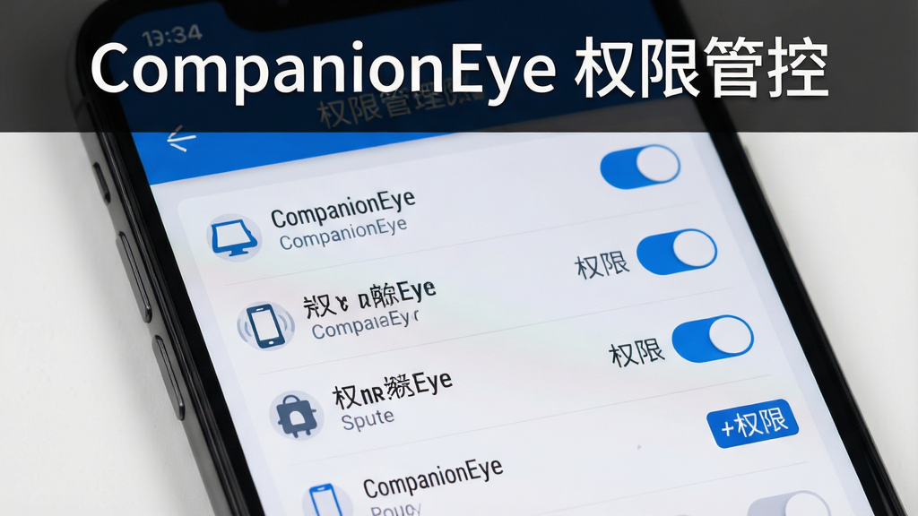一张展示手机屏幕上 CompanionEye 权限管理界面的图片,界面中列出多个设备名称,每个设备右侧有开关按钮和权限标签,配色为浅灰色与蓝色,风格简约商务,细节清晰,画质干净,图片顶部有文字“CompanionEye 权限管控”