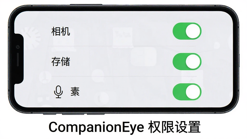 一张展示手机屏幕上 CompanionEye 权限设置页面的图片,页面中有多个权限开关(相机、存储、麦克风),部分开关为绿色开启状态,背景为浅色,风格简洁明了,细节清晰,画质干净,图片底部有文字“CompanionEye 权限设置”