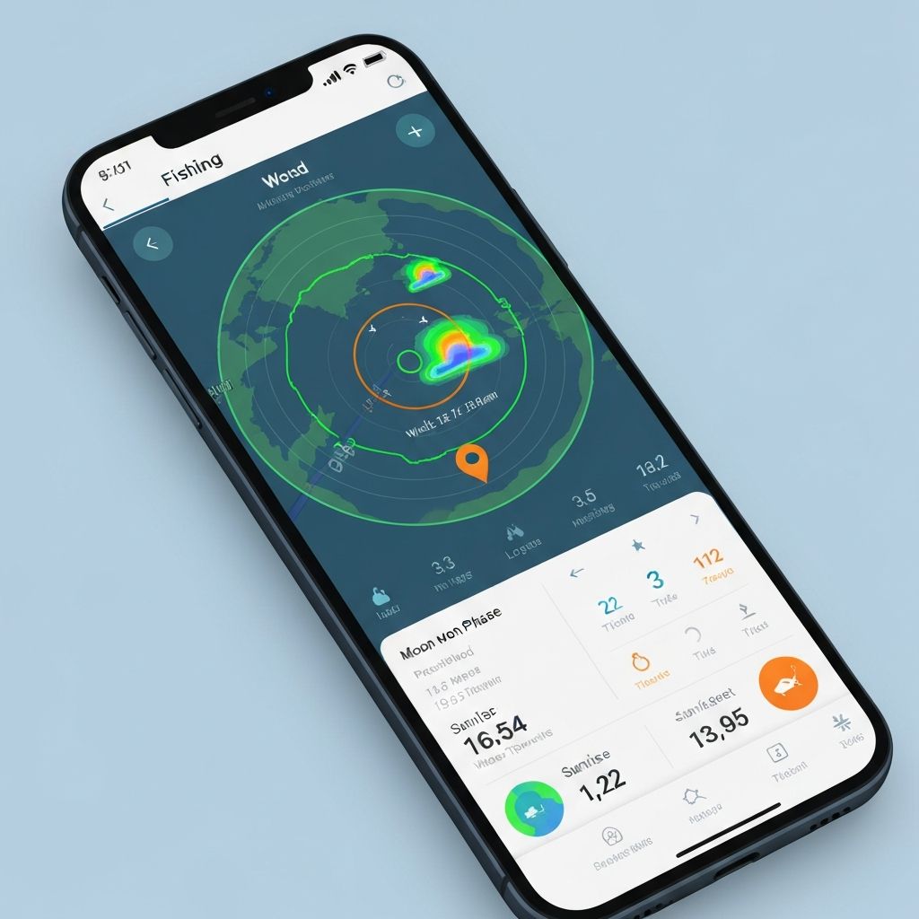钓鱼人天气预报手机版 风向风力示意图和钓鱼人看手机选钓位的场景图