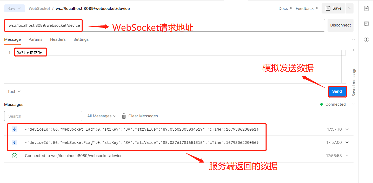 WebSocket客户端测试工具 发送消息与返回数据界面