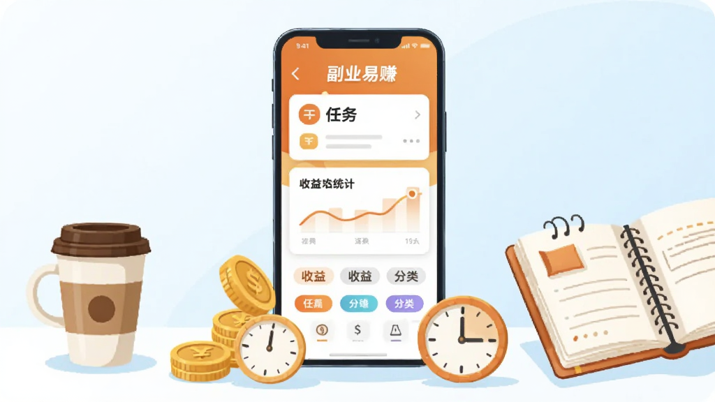 画面中央放置一部智能手机,屏幕上显示“副业易赚”应用界面,界面包含任务列表、收益统计图表和分类标签;手机下方散落金币与时钟图标,左侧有一杯咖啡,右侧有一本打开的手账;整体采用扁平化插画风格,色调以暖橙色和浅蓝色为主,光线柔和;背景干净无多余元素,画质清晰,适合作为软件下载页预览图。