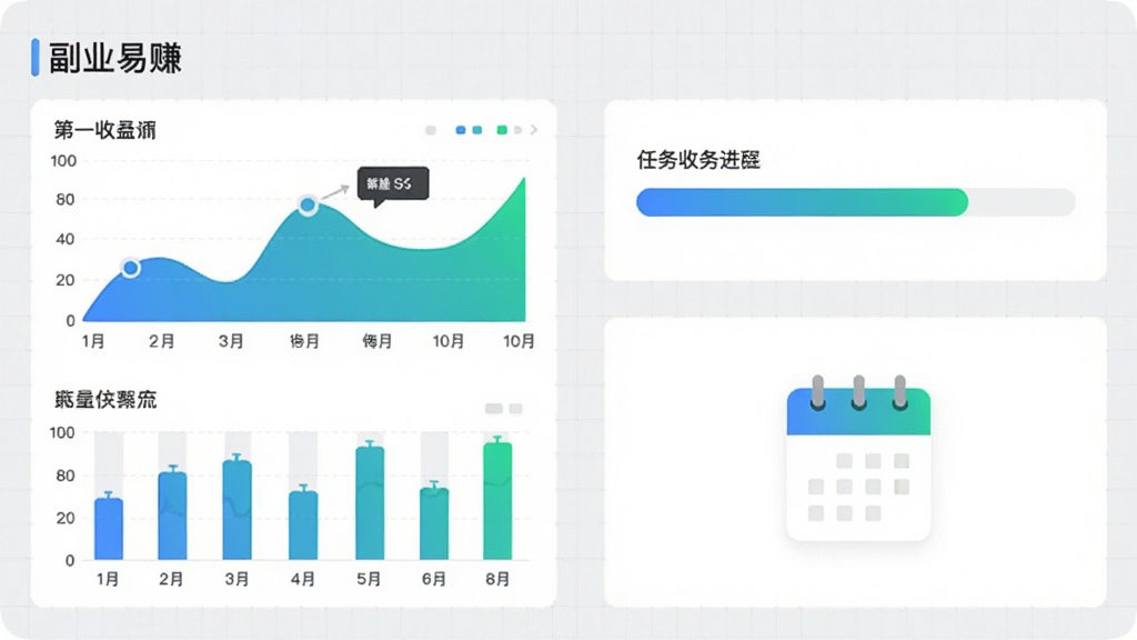 画面左侧为“副业易赚”应用内的收益折线图与柱状图,右侧为任务进度条和日历提醒图标;背景为浅灰色网格,图表使用蓝绿渐变填充;整体风格偏向数据可视化面板,布局清晰对称,无多余装饰,画质锐利。