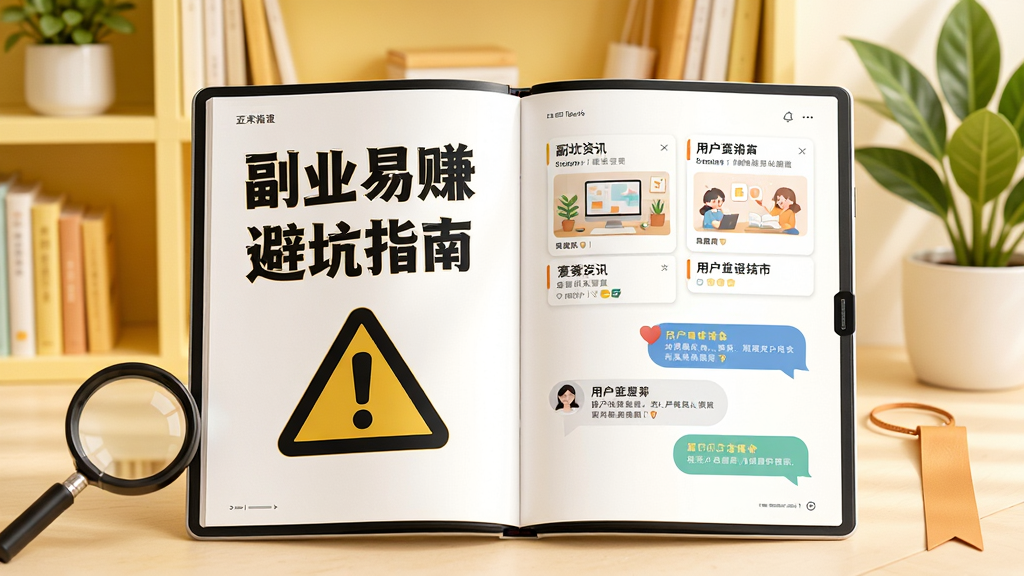 画面中央是一本翻开的电子杂志,左页显示“副业易赚”避坑指南标题与警示图标,右页列出资讯卡片和用户评论气泡;背景为浅黄色书架与绿植,风格温馨阅读感;细节包含放大镜和书签,画质干净清晰。