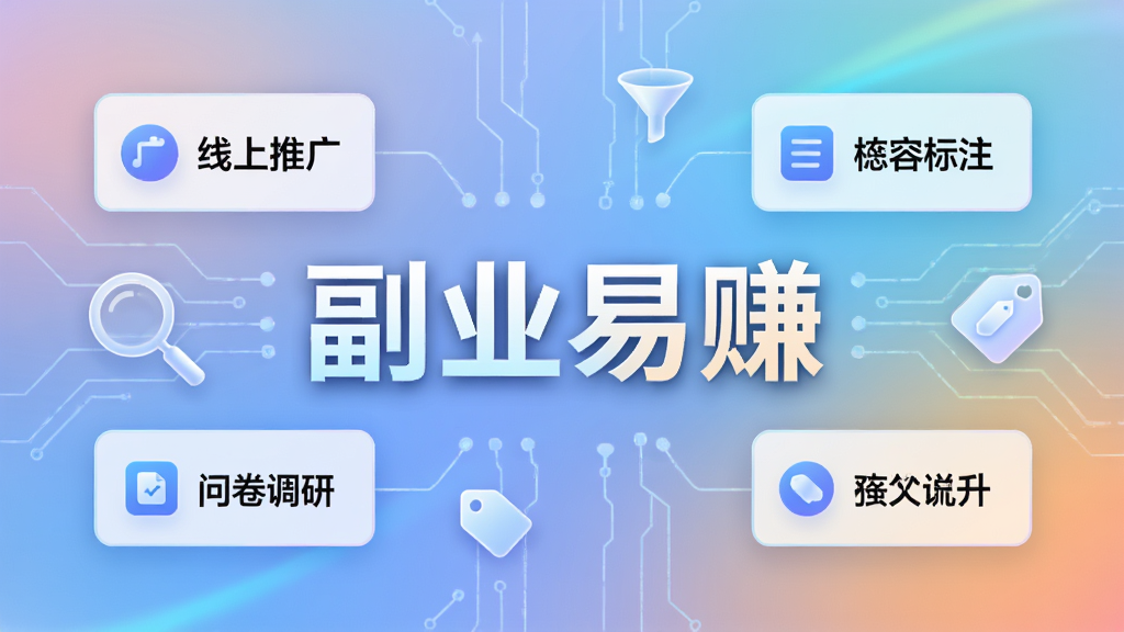画面以“副业易赚”软件名称作为中心文字,周围环绕任务卡片、放大镜、筛选漏斗和标签图标;卡片上显示“线上推广”“内容标注”“问卷调研”等字样;整体采用科技感线条与柔和渐变背景,风格简洁现代;画面干净,重点突出软件名称与筛选功能,画质高清。