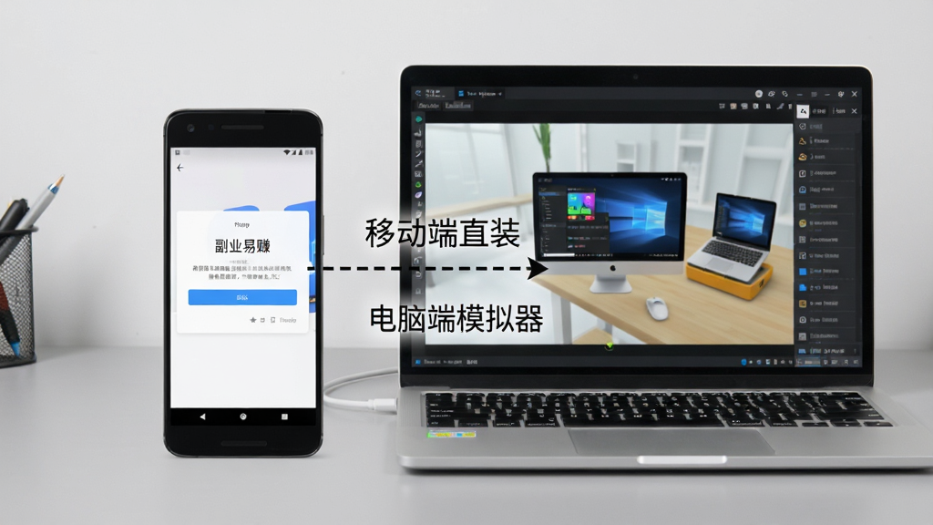 画面展示一部安卓手机与一台笔记本电脑并排摆放,手机屏幕显示“副业易赚”安装权限界面,电脑屏幕显示模拟器运行画面;中间用虚线箭头连接,标注“移动端直装”“电脑端模拟器”字样;背景为浅灰色工作台,风格简洁说明性,画质清晰,无杂乱元素。