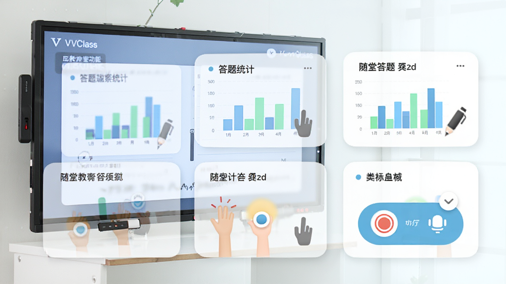VVClass互动教学功能展示图,画面中显示电子白板、随堂答题卡片与举手连麦按钮,布局为卡片式排列,风格为清新教育风,细节包含答题统计柱状图与批注笔图标,画质高清,画面干净,无多余元素