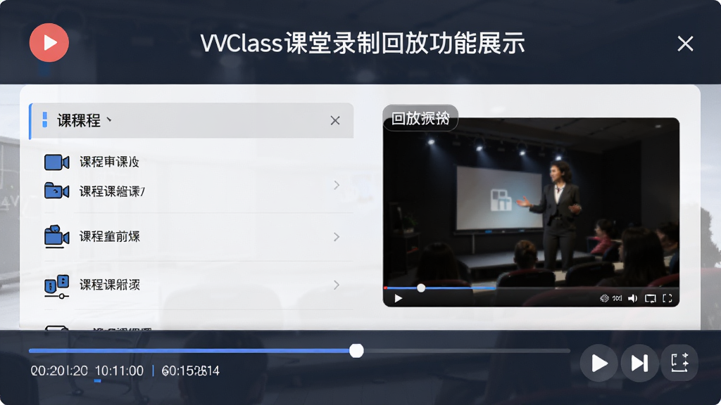 VVClass课堂录制回放功能展示图,画面中包含录制按钮、课程列表与回放播放器,布局为上下结构排版,风格为简洁商务风,细节包含时间轴与播放控制图标,画质高清,画面干净,无多余元素