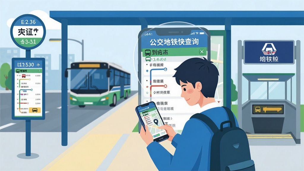 一张展示现代城市公共交通出行场景的插画,画面主体为一位年轻人站在公交站台低头查看手机,手机屏幕上清晰显示着