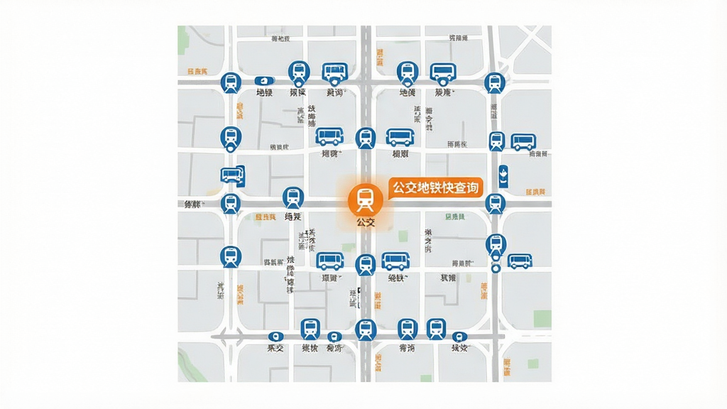 一张展示城市地图与公共交通站点分布的插画,画面主体为一张俯视视角的城市街区地图,地图上标注了多个公交站点图标和地铁站图标,每个图标旁带有
