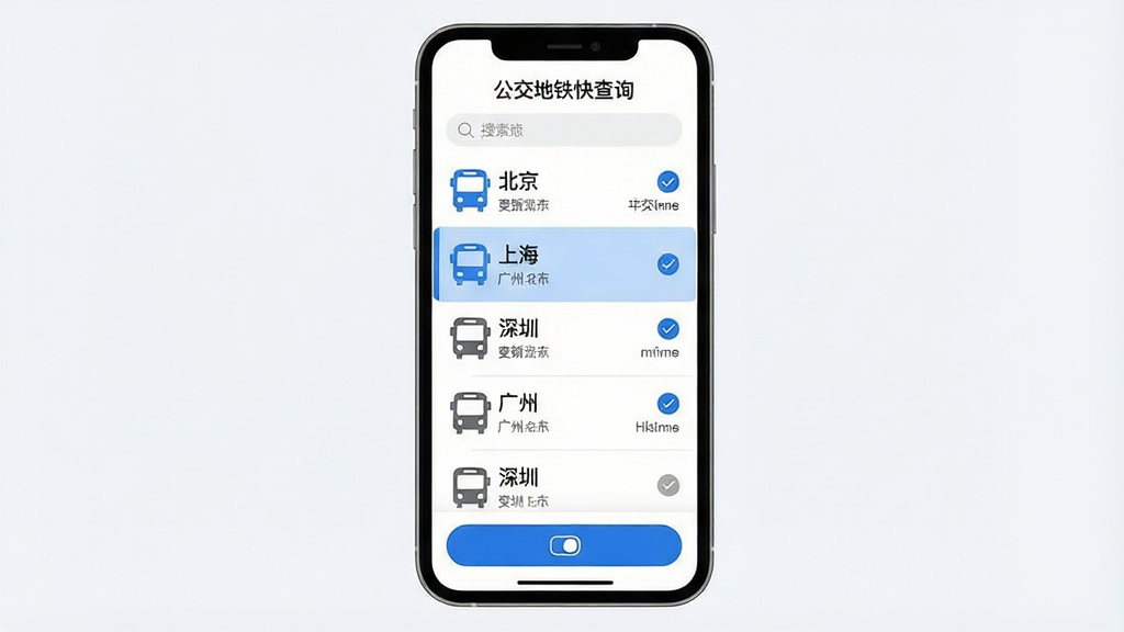 一张展示多城市公共交通数据切换的手机应用界面插画,画面主体为一部手机,屏幕上显示