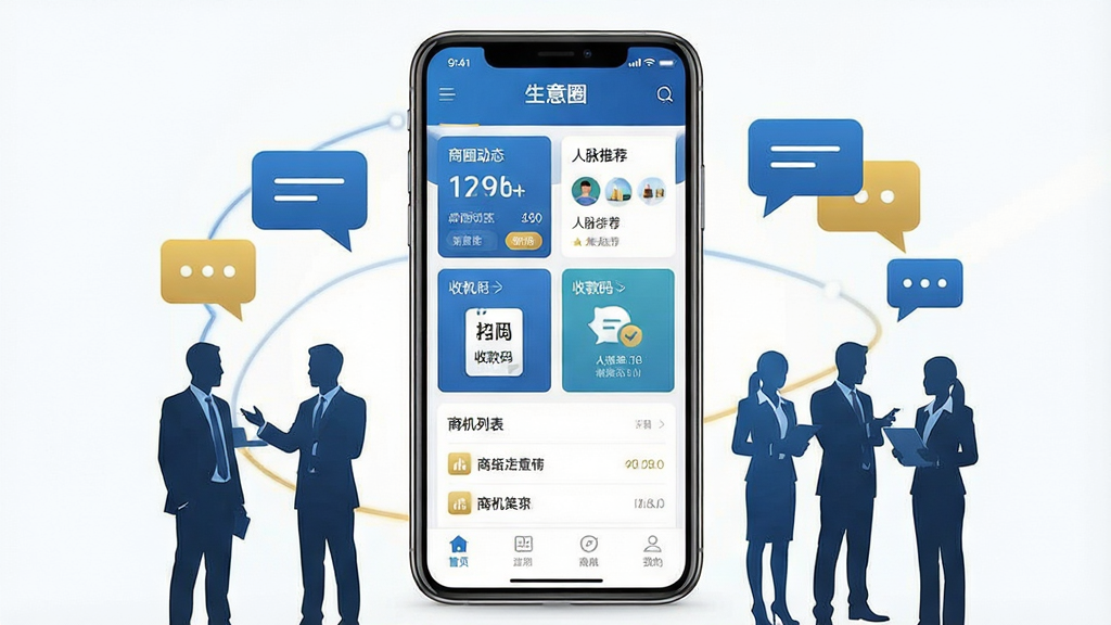 一张展示“生意圈”手机应用界面的商业主题图片,画面主体是一部竖屏智能手机,屏幕中显示“生意圈”应用首页,页面包含商圈动态、人脉推荐、收款码、商机列表等模块,布局清晰分为顶部导航栏、中部功能卡片与底部菜单栏,风格为现代简约商务风,细节上手机周围环绕若干商务人士剪影与对话气泡图标,整体色调以蓝白为主辅以金色点缀,画质高清干净,无多余杂乱元素