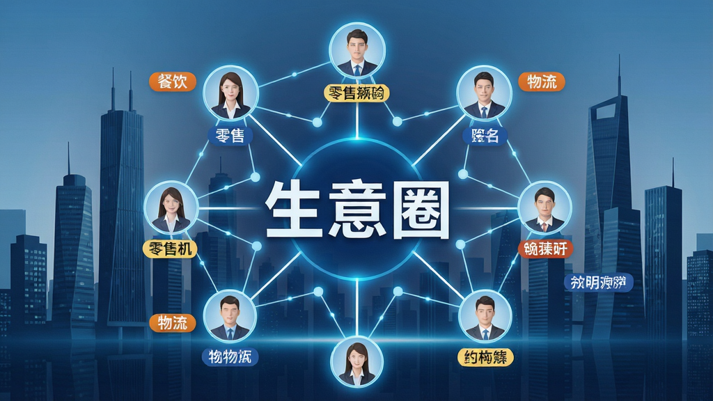 一张以“生意圈”人脉拓展功能为主题的AI生成图片,画面中心是一个发光的人脉网络拓扑图,节点以圆形头像呈现,连线代表合作关系,背景为现代城市商务楼宇剪影,图中醒目位置带有“生意圈”文字标识,布局采用中心辐射式排版,风格为科技商务感,细节上节点带有行业标签如餐饮、零售、物流等,画质高清干净,无多余元素