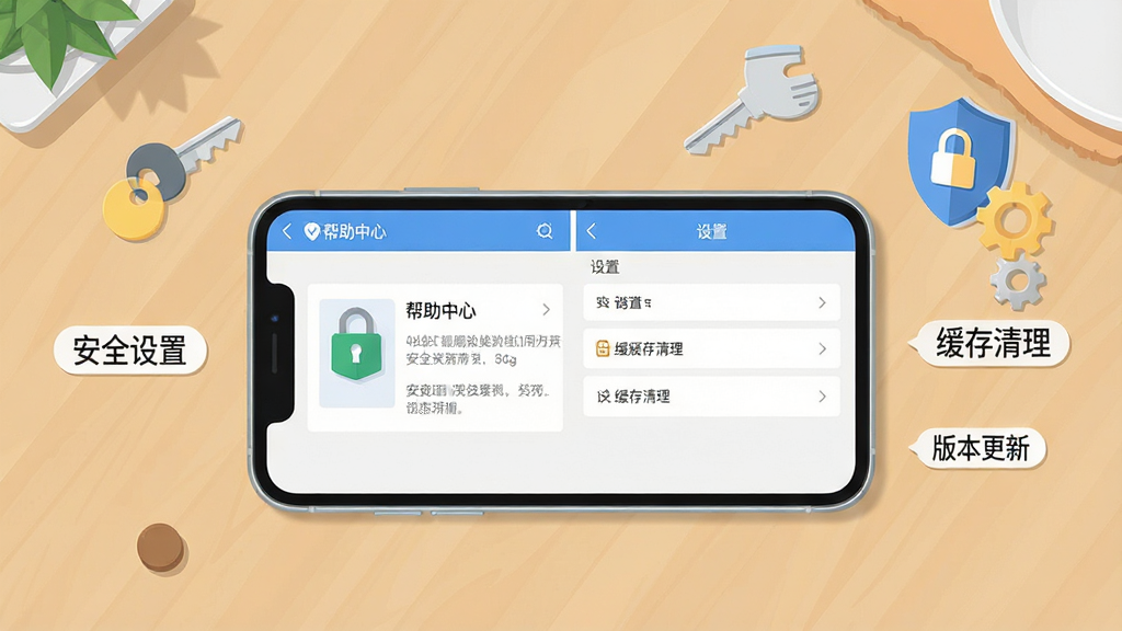 一张以“生意圈”移动端使用技巧为主题的图片,画面展示一部手机横置在桌面上,屏幕显示应用内的帮助中心与设置界面,旁边有钥匙、盾牌与齿轮图标象征安全设置,布局采用俯视桌面视角,风格为清爽扁平化,细节上手机旁有“安全设置”“缓存清理”“版本更新”等小标签,画质高清干净,无多余元素