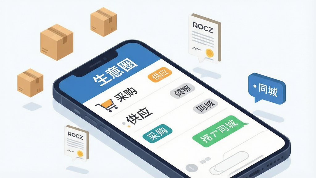 一张展示“生意圈”商机供需功能的场景图,画面主体是手机屏幕显示商机列表与聊天对话界面,屏幕上方有“生意圈”标志,周围漂浮着货物图标、合同图标与聊天气泡,布局采用斜向透视展示手机与悬浮元素,风格为扁平化商务插画,细节上包含“采购”“供应”“同城”等标签文字,画质清晰干净,无多余装饰