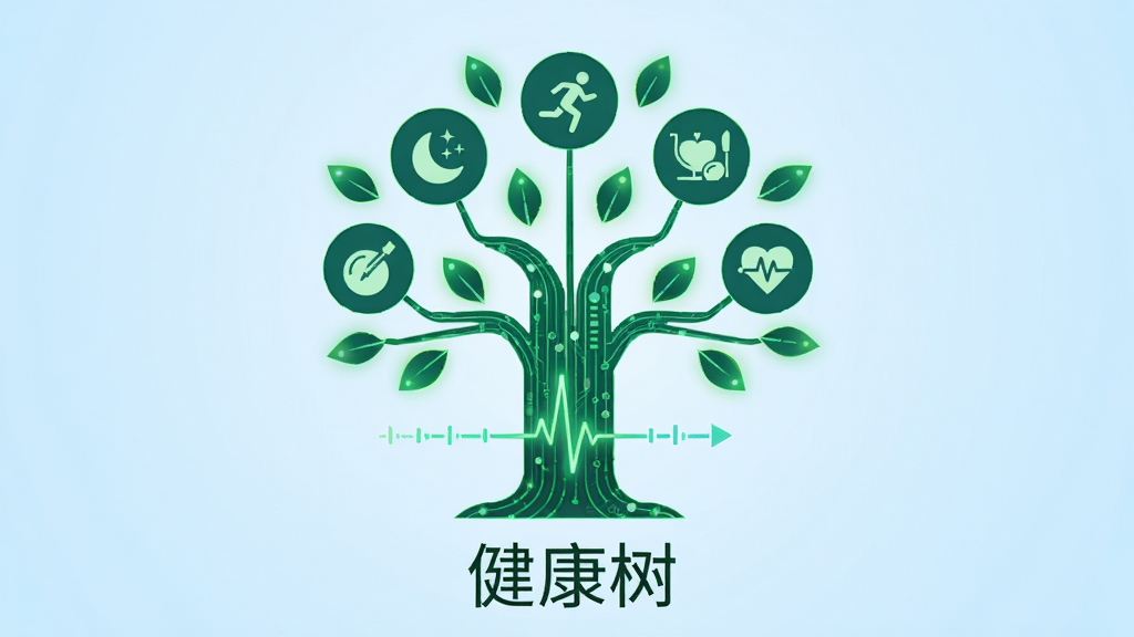 画面中央是一棵由绿色数据线条构成的抽象健康树,树干由心率波形与时间轴组成,树冠由圆形图标代表睡眠、运动、饮食、体检等模块,背景为干净的浅蓝渐变,布局采用居中对称式,风格为扁平化科技插画,细节上叶片带有微光效果,整体画质清晰干净,无多余元素,画面中下方有“健康树”三个字。