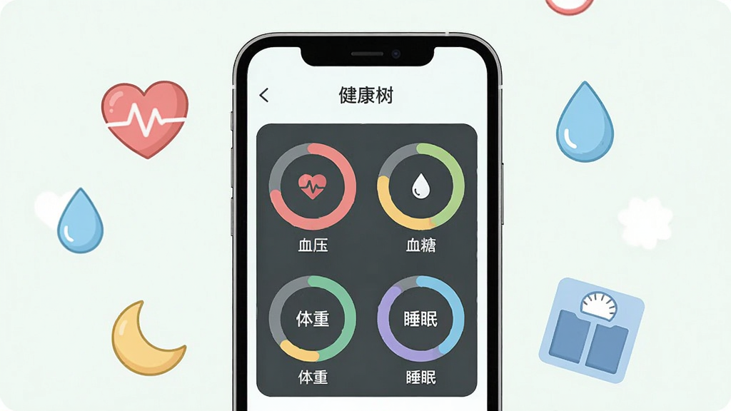 一部智能手机屏幕中显示健康树应用的仪表盘界面,界面内有血压、血糖、体重、睡眠四个环形图表,手机周围漂浮着心跳、水滴、月亮、体重秤的卡通图标,布局为手机居中、图标环绕,风格为清新扁平化UI展示图,细节上图表颜色柔和,画质干净清晰,无多余元素,屏幕上方有“健康树”字样。