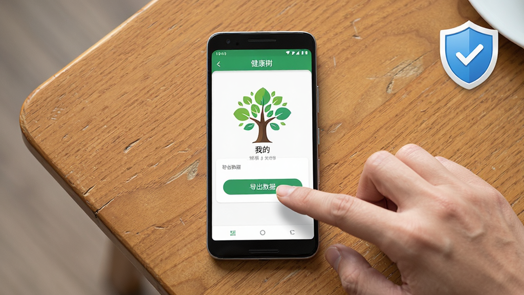 一部安卓手机放置在木质桌面上,屏幕显示健康树应用的“我的”页面,旁边有一只手正在点击“导出数据”按钮,画面右上角有一个盾牌图标代表安全,布局为手机居中、手在右侧,风格为生活化产品展示图,细节上桌面有轻微纹理,画质清晰,无多余元素,手机屏幕上方有“健康树”字样。