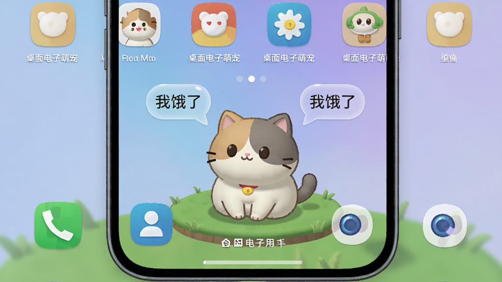 一张手机桌面截图,画面中央是一只圆润可爱的卡通电子宠物猫,坐在手机屏幕底部的虚拟草地上,周围有半透明的气泡对话框显示“我饿了”,桌面图标排列整齐,背景是柔和的蓝紫色渐变壁纸,整体风格清新治愈,画质清晰干净,无多余元素,图中文字为“桌面电子萌宠”