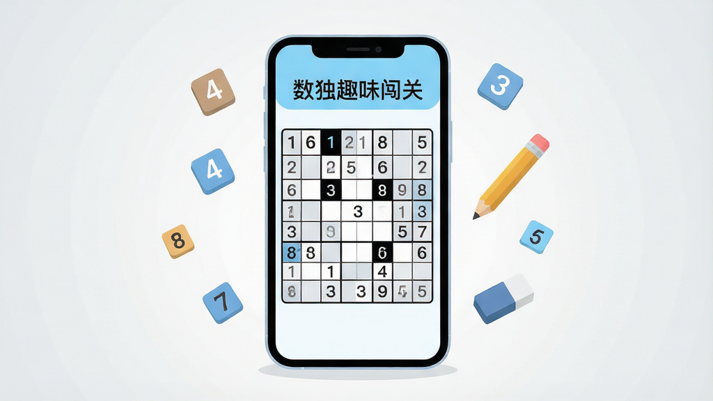 一张竖版手机屏幕截图风格插画,主体为一部智能手机居中放置,屏幕上显示着数独趣味闯关的游戏界面,九宫格棋盘清晰可见,部分格子填有数字,部分为空白,界面配色以白色和浅蓝色为主,顶部有“数独趣味闯关”文字标题,手机周围散落着几个漂浮的数字方块和铅笔、橡皮擦等小元素,背景为干净的浅灰色渐变,整体风格清新简约,扁平化设计,画质清晰干净,无多余杂乱元素,适合作为软件下载站预览图。
