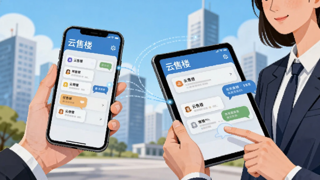 画面描绘两位房产经纪人在户外用手机与平板协作办公,设备屏幕均显示
