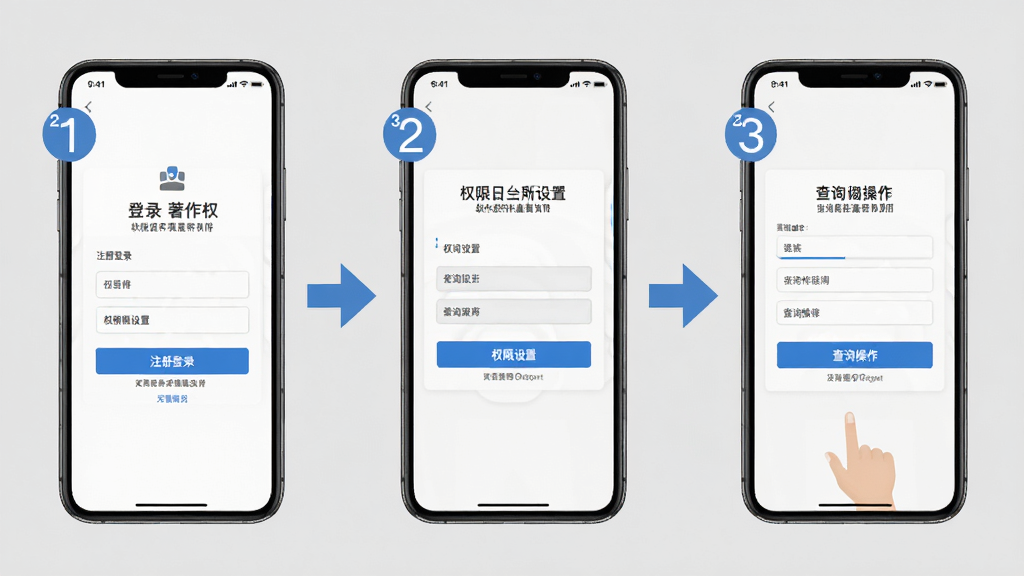 软件著作权新手操作指引示意图,画面展示手机屏幕上的操作步骤截图,包含注册登录、权限设置、查询操作三个画面并排排列。背景为浅灰色,布局采用横向三联构图,排版整齐。风格为教程类信息图风格,细节上每个步骤带有编号标记和箭头指示。画质高清,干净无多余元素。