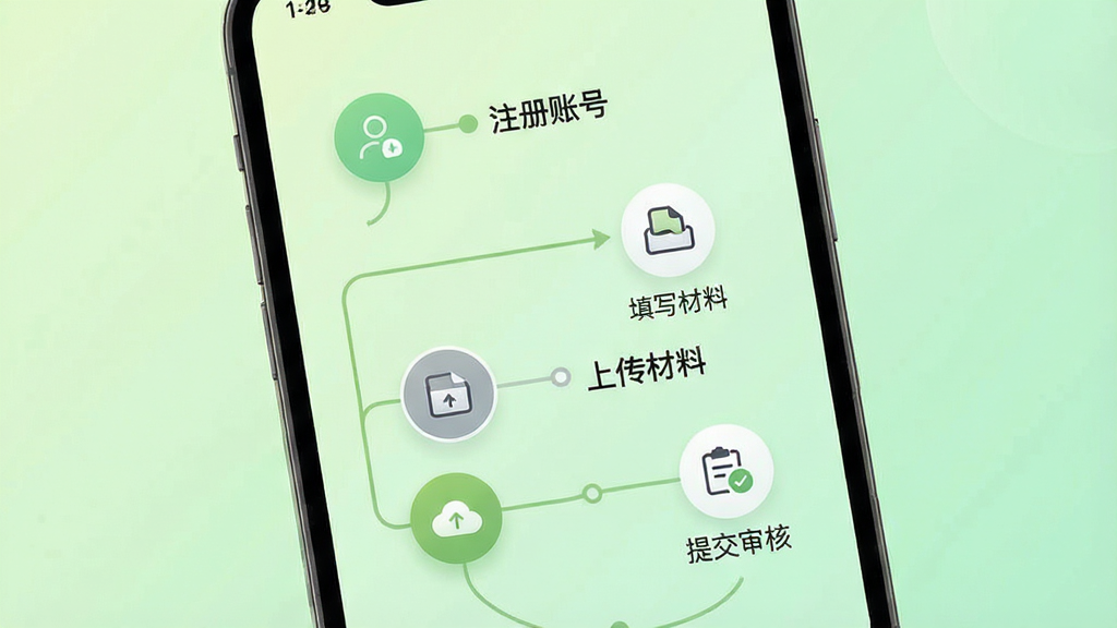 软件著作权申请流程指引界面,画面展示手机屏幕上的步骤条组件,包含注册账号、填写信息、上传材料、提交审核四个步骤节点,当前步骤高亮显示。背景为柔和渐变浅绿色,布局采用纵向延展构图,排版层次分明。风格为现代简约移动端设计,细节上步骤节点带有圆形图标和连接线。画质高清,干净无多余元素。