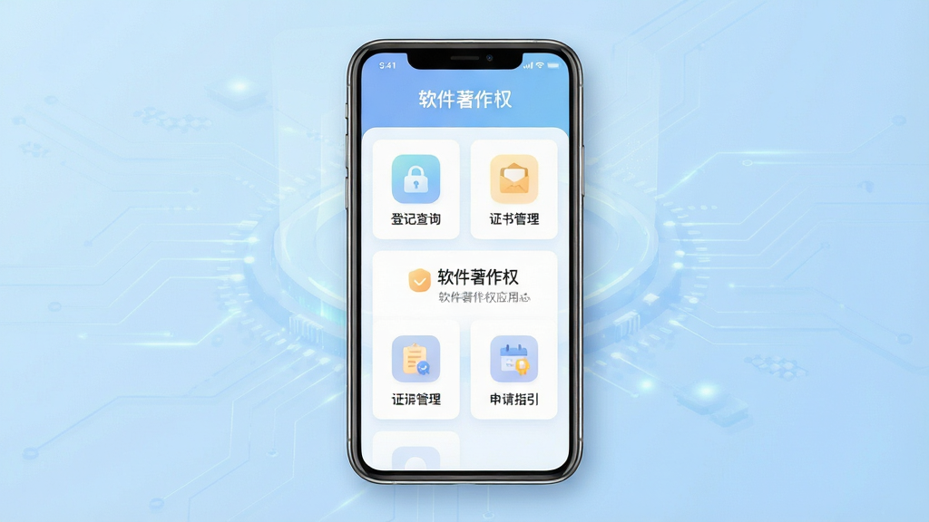 软件著作权应用主界面全貌展示,画面中央放置一部智能手机,手机屏幕上清晰显示“软件著作权”应用的主页界面,包含登记查询、证书管理、申请指引等功能模块图标。背景为浅蓝色渐变科技风格,布局采用居中构图,排版简洁大方。风格为现代扁平化UI设计,细节上手机边缘有轻微光影效果,界面图标色彩柔和。画质高清,干净无多余元素。