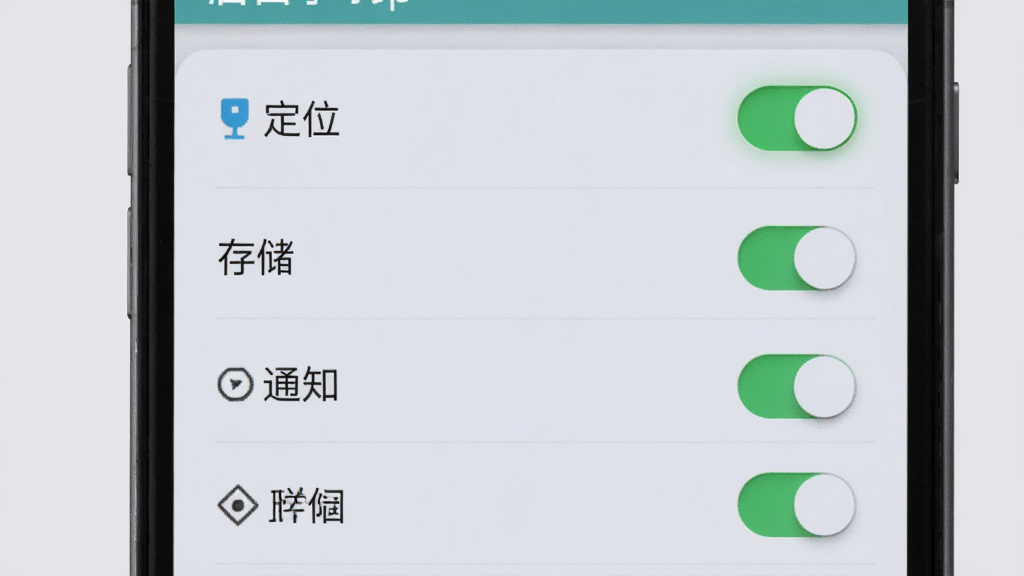 ��ɽС��App��׿�氲װȨ�����ý��棬������һ���ֻ���ʾӦ��Ȩ�޹���ҳ�棬������λ���洢��֪ͨ��Ȩ�޿��أ�����Ϊǳ��ɫ�����Ϊ���ϵͳ���÷磬ϸ���Ͽ��ذ�ť����ɫ���������ʸ��壬�ɾ����޶���Ԫ��