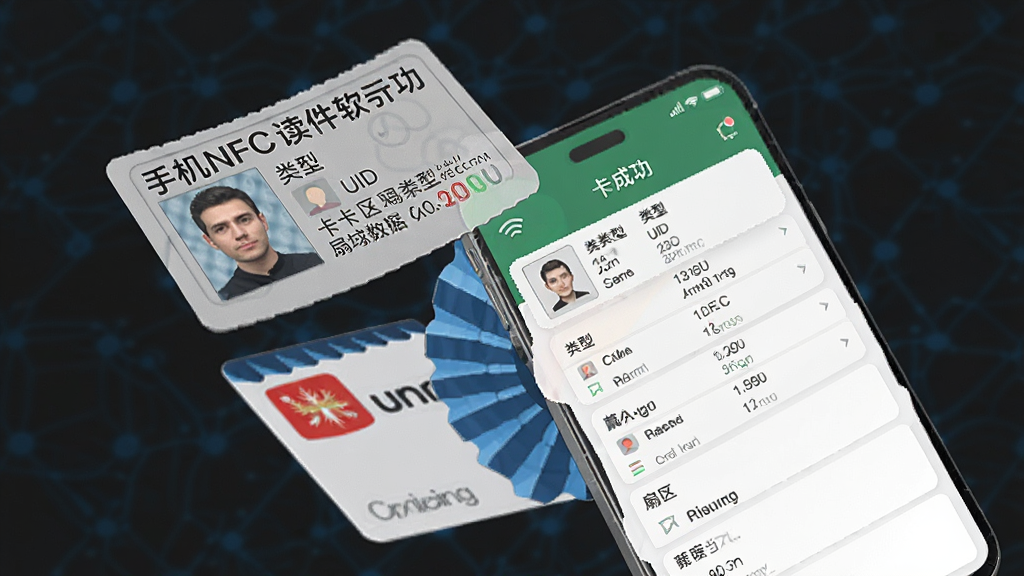 手机NFC读取软件的功能展示图,画面中一部手机正靠近一张身份证和一张门禁卡,手机屏幕显示读取成功后的卡片信息列表,包含卡类型、UID、扇区数据等字段,布局采用上下分栏的卡片式设计,风格为扁平化科技风,细节清晰,画质高清,干净无多余元素