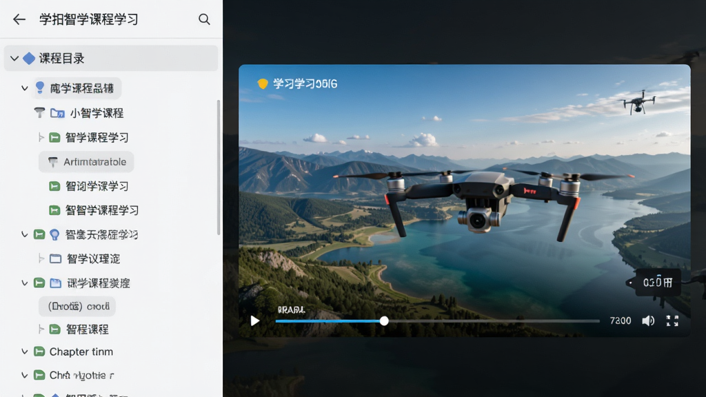 无人机航拍智学课程学习界面,画面左侧为课程目录树,右侧为视频播放窗口,窗口内显示无人机航拍视角的壮丽风景,整体布局为左右分栏,风格简洁教育风,细节包含进度条、章节标记、学习时长标签,画质清晰,干净,无多余元素
