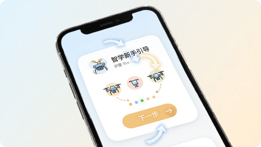 无人机航拍智学新手引导页面,画面为手机屏幕显示步骤指示箭头与功能高亮区域,背景为浅色渐变,布局为居中卡片式,风格友好引导风,细节包含“下一步”按钮、进度圆点、插画图标,画质清晰,干净,无多余元素